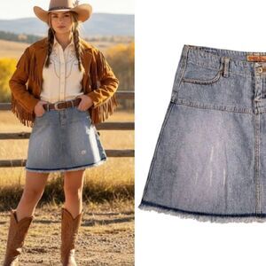 VTG Y2K Paris Blues Distressed ALine Raw Hem Mini Jean Skirt Size 11
